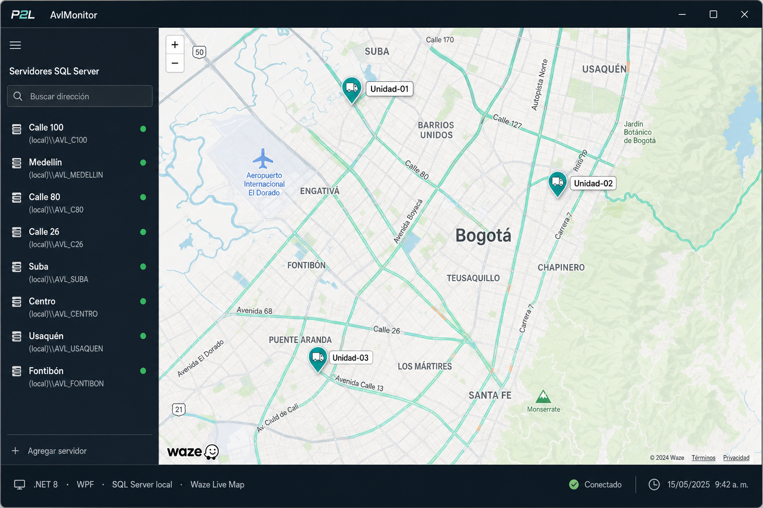Vista del cliente AvlMonitor con mapa Waze