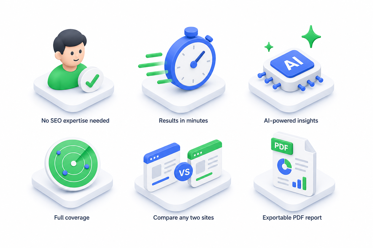 Iconos isométricos de beneficios del Coverage Engine