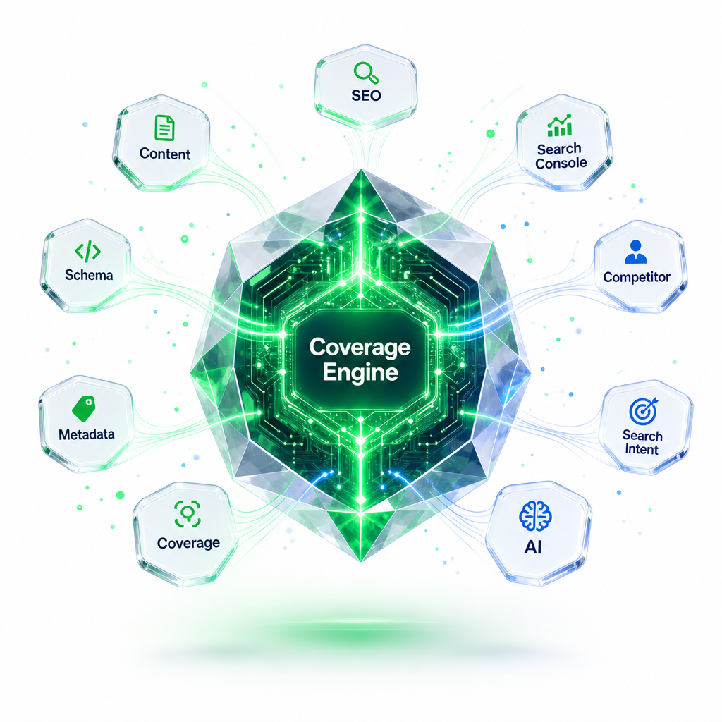 Motor Coverage Engine con chips de SEO, Content, Schema y más